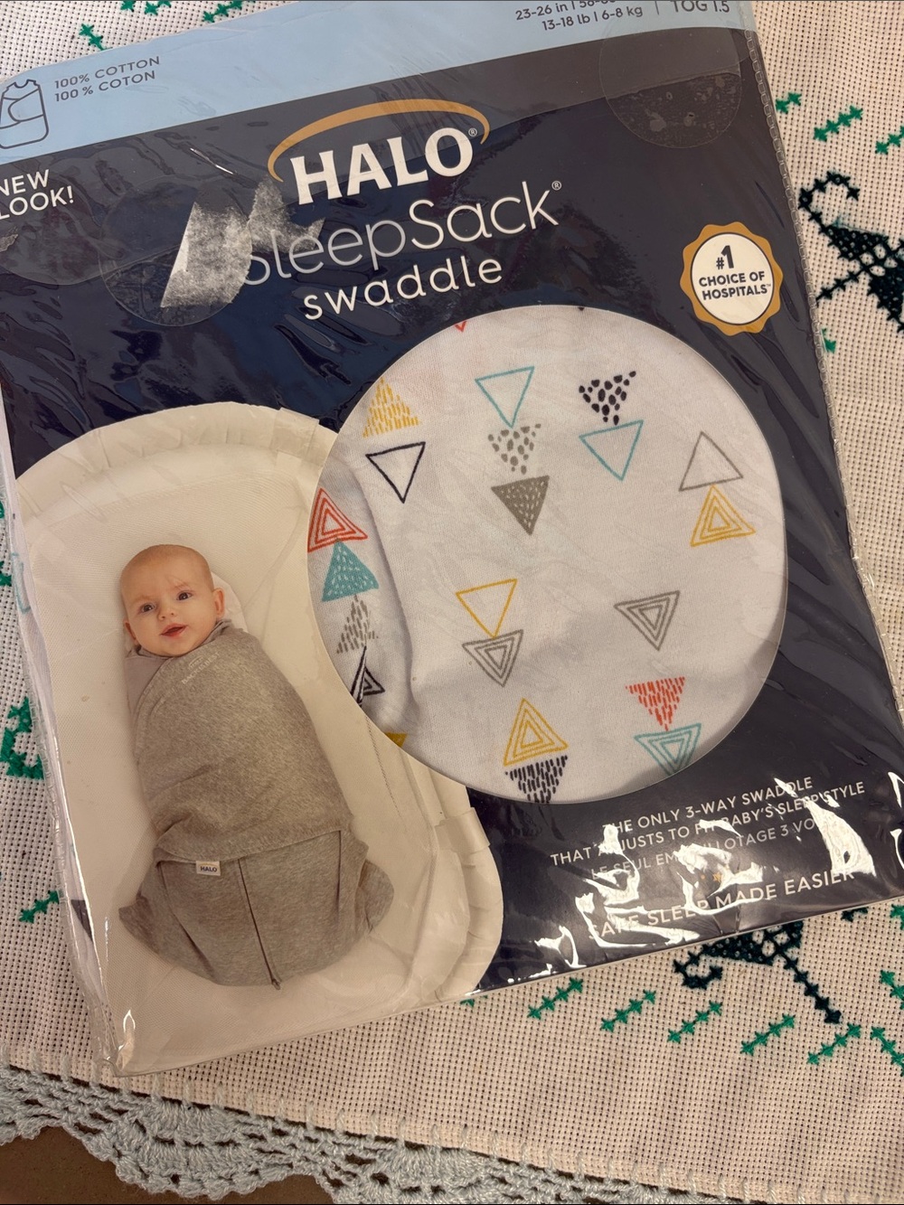 HALO SleepSack Swaddle White with Multicolor Triangle Print